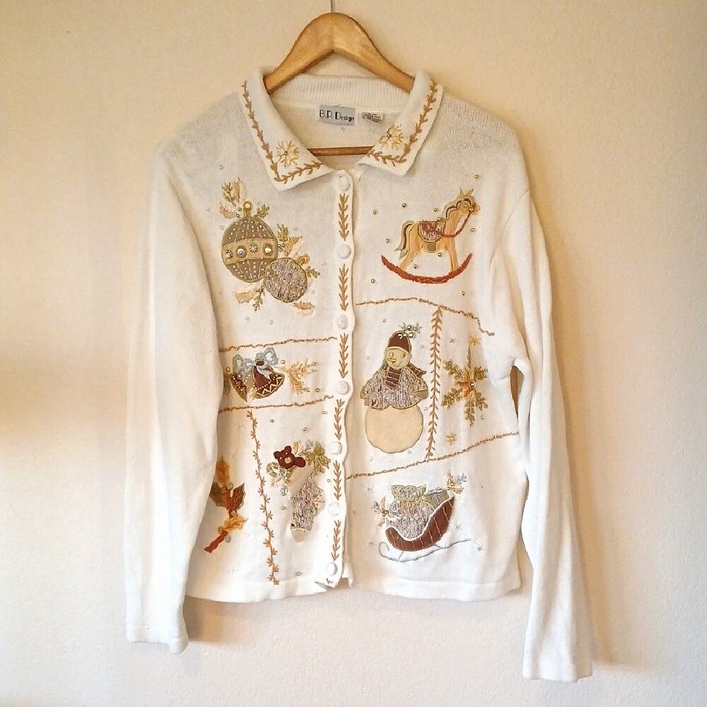 Vintage B.P. Design Christmas Winter Cardigan Embroidered Beaded